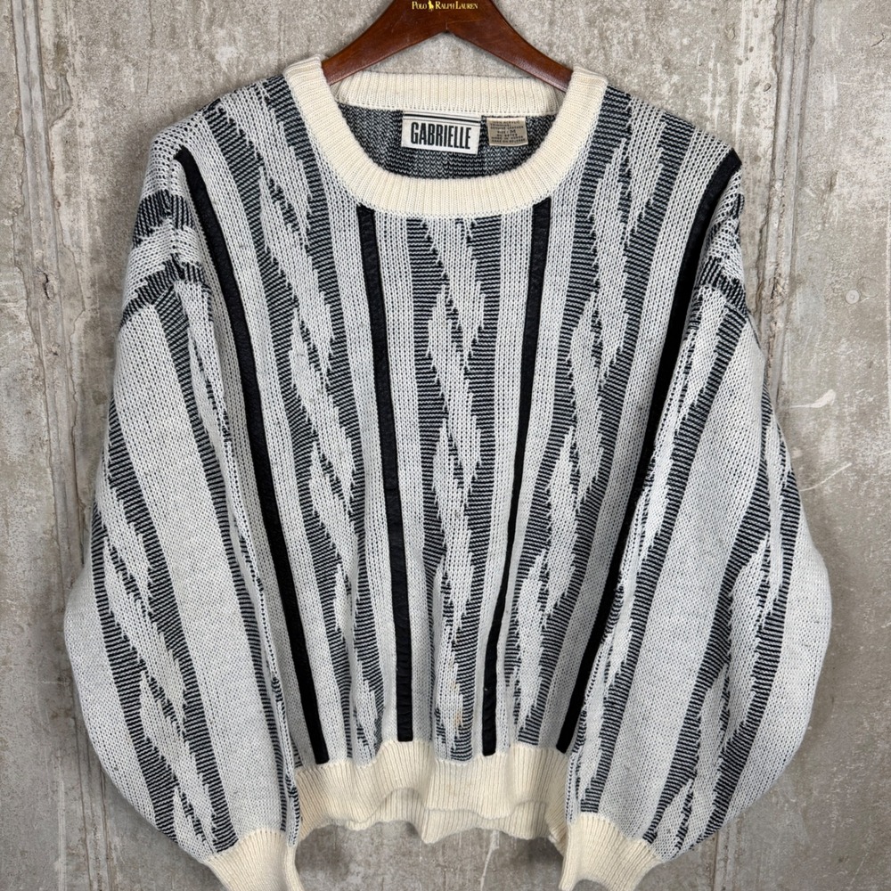 Vintage Gabrielle Mens Medium Acrylic‎ Leather Abstract Knit Sweater 90s Korea